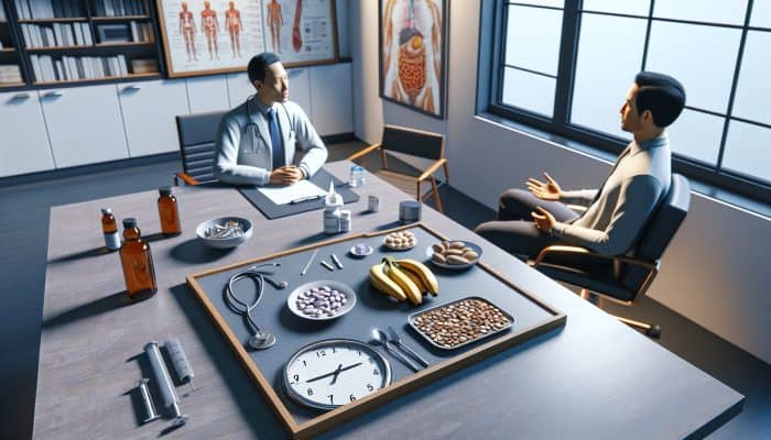 Individual in a doctor's office discussing thyroid test preparations in the early morning, with a food list on the table.