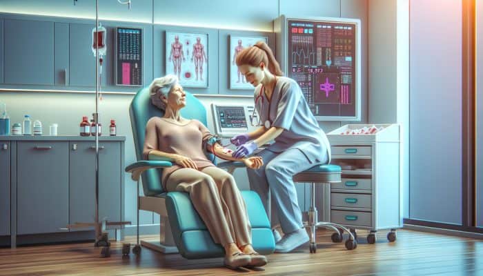 A patient in a calm clinic setting having blood drawn from their arm by a nurse, with minimal discomfort.