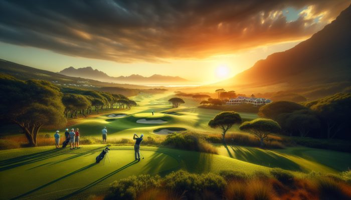 A romantic sunset view of Fancourt's Montagu course in South Africa, endorsed by Gary Player, with couples enjoying the Garden Route.