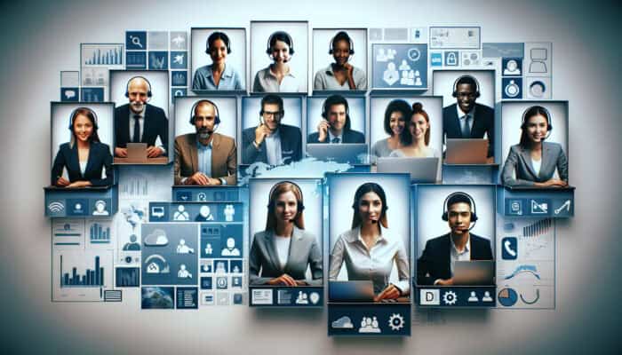 Diverse remote virtual assistants sharing digital resources on a virtual platform, enhancing global productivity.