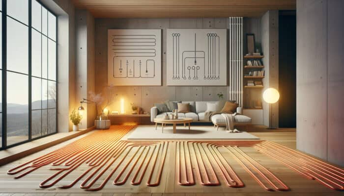 Hydronic Radiant Floor Heating Services in North Vancouver: Modern living room showcasing warm water pipes beneath wooden floors, providing a cozy, draft-free environment.