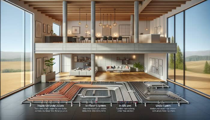 Display of four distinct types of hydronic radiant floor heating systems in a contemporary room setting.