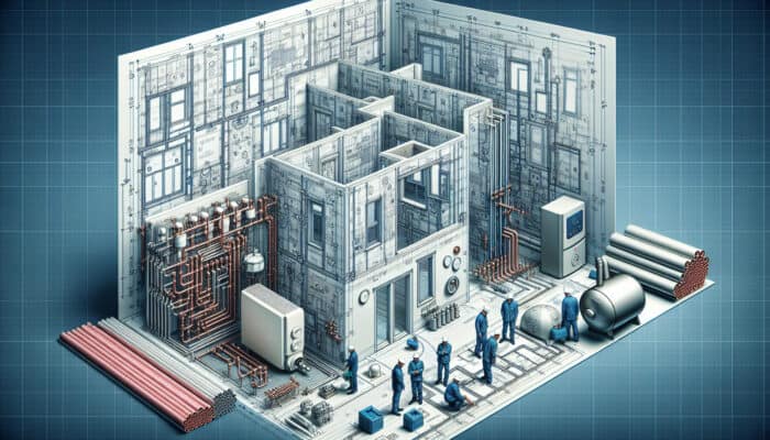 Blueprint of a building showcasing insulation and layout, surrounded by high-quality hydronic heating components, monitored by local professionals.