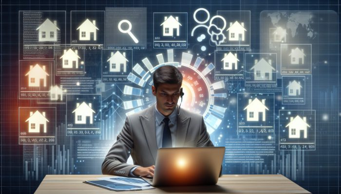 Real estate agent analyzing property values on laptop with house images, conducting CMA in Springbok.