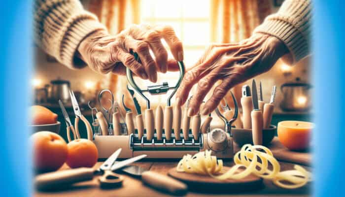 Lightweight Tools for Elderly UK Residents: Elderly hands using ergonomic, lightweight kitchen tools in a cozy UK kitchen.
