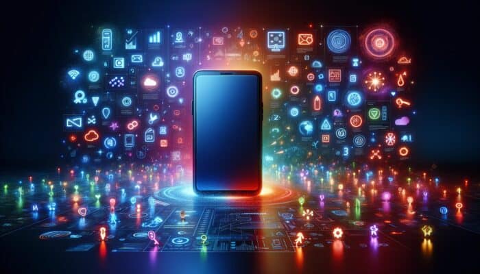 Emerging Trends in SEO for Small Businesses: A smartphone showcasing an intuitive website with symbols representing improved engagement and enhanced search rankings, emphasizing the significance of mobile optimization for business success.