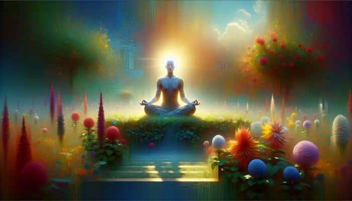 Enhancing Confidence Through Mindfulness: A person meditating in a peaceful garden, surrounded by colorful flowers and gentle sunlight, embodying mindfulness.