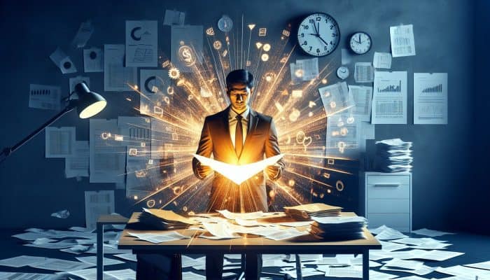 Debt Consolidation for Business Debt: UK Solutions | DCL Debt Consolidation for Business Debt: A businessman consolidating multiple debts into one glowing document on a minimalist desk, symbolizing financial clarity.