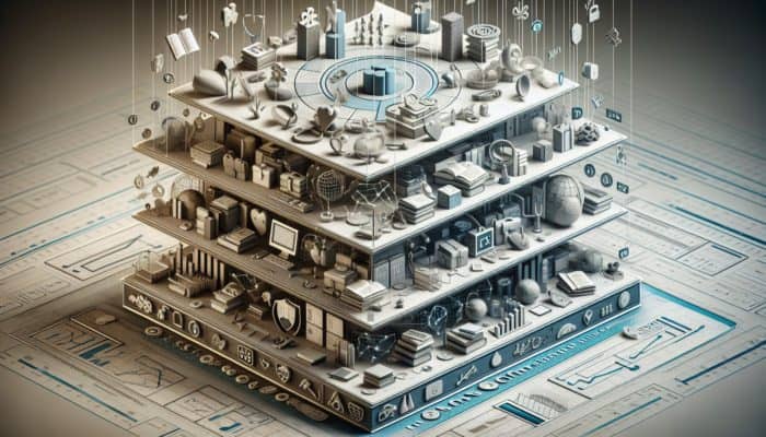 A three-tiered framework with interconnected layers, enhancing efficiency across sectors like healthcare, education, and business.