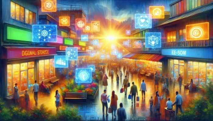 A bustling e-commerce hub in Chard with vibrant storefronts and digital screens showing local SEO strategies, surrounded by engaged locals.