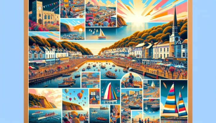 A dynamic collage celebrating Sidmouth's Folk Festival, regatta, local attractions, and community involvement by local businesses.