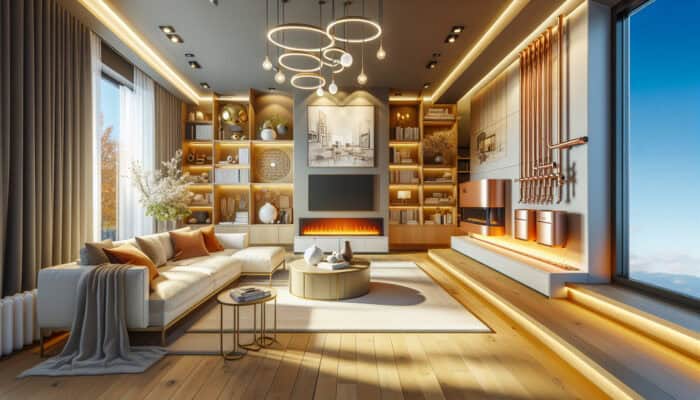 Heating Services in New Westminster: A cozy living room with a modern heating system including a furnace, boiler, heat pump, and radiant floor heating.