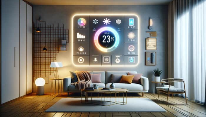 A smart thermostat on the wall of a modern living room, controlled remotely by a smartphone, with sensors monitoring the heating system.