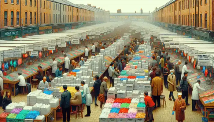 A thriving Newcastle marketplace with vendors selling various nitrile gloves suitable for medical, food, and industrial applications.