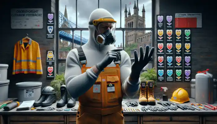 A person assessing nitrile gloves in Newcastle, evaluating prices and certifications with industrial safety gear in the background.