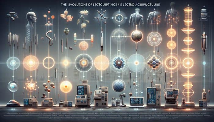 Advanced Electroacupuncture Techniques: A timeline depicting the evolution of electroacupuncture in the UK, showcasing significant milestones and technological advancements.