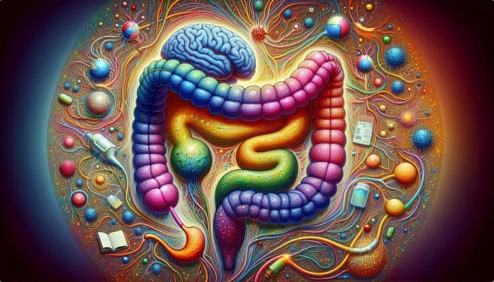 Mental Health and Gut Health: Diagram of gut-brain axis with neural, hormonal, immunological pathways, showing serotonin production in gut.