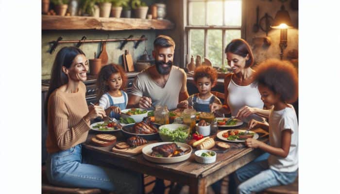 Family enjoying paleo-friendly dinner of grilled meats, roasted vegetables, and salads at a rustic table.