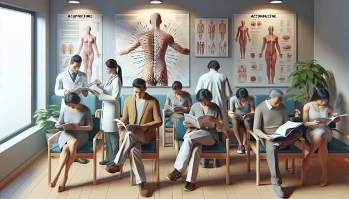 NHS clinic waiting area with patients learning about the integration of acupuncture into modern medicine.