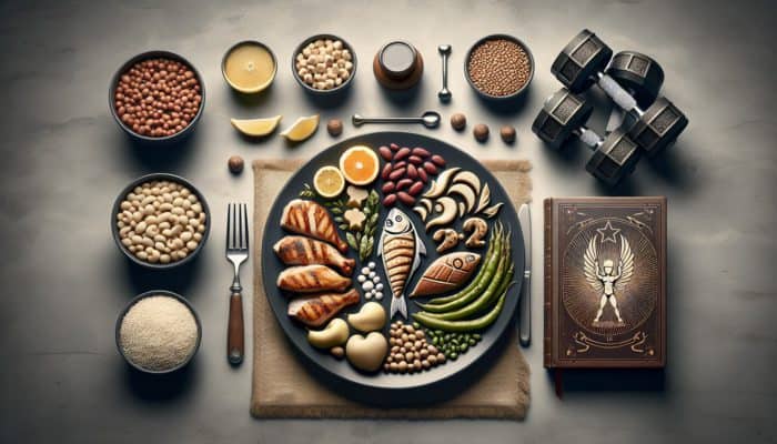 A balanced meal plan with chicken, fish, legumes, and a fitness journal with weights.