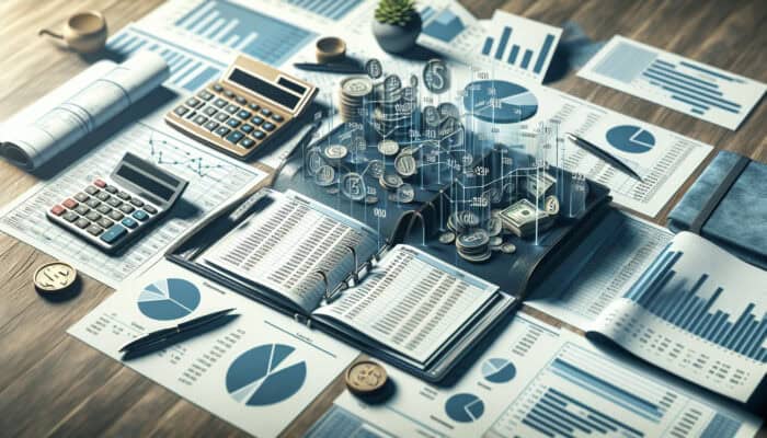 A ledger with graphs and charts on a desk, surrounded by financial documents and a calculator, illustrating budget tracking.