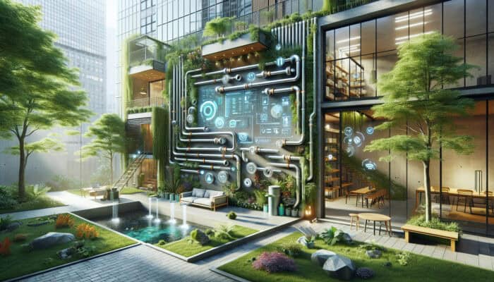 Modern downspout system with eco-friendly materials and smart sensors in a green urban setting.