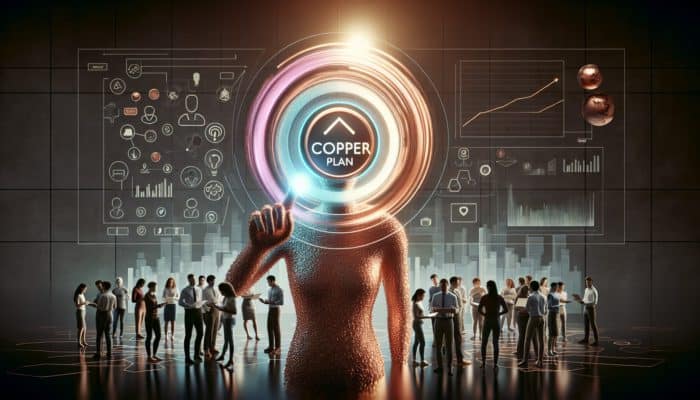 Individual selecting the Copper Plan on the EasyGold website, team setting up, website thriving with increasing visitor graphs.