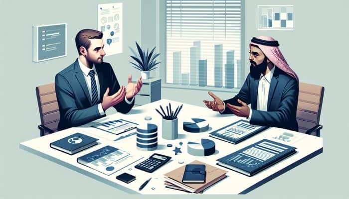 Debt Consolidation Loans for Business Owners: UK Guide | DCL A business owner and financial expert discussing debt consolidation strategies with charts in a modern office.