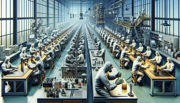 Workers in Goole conducting laboratory tests on safety gloves using advanced equipment for quality assurance and durability.