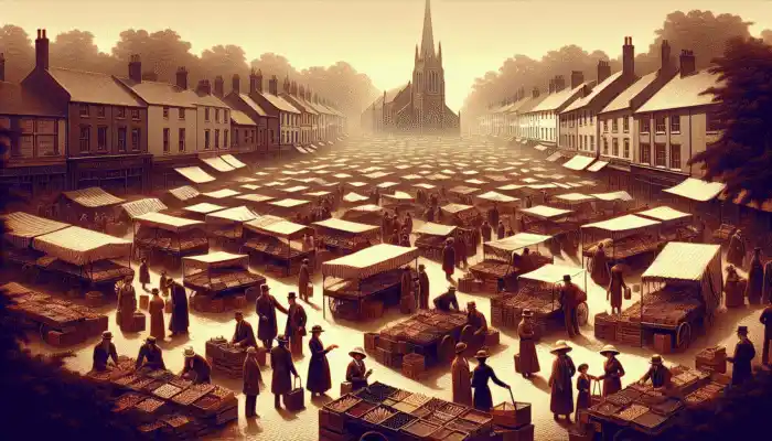 A vibrant market scene in High Wycombe featuring stalls selling vinyl gloves, diverse shoppers, and historic architecture.