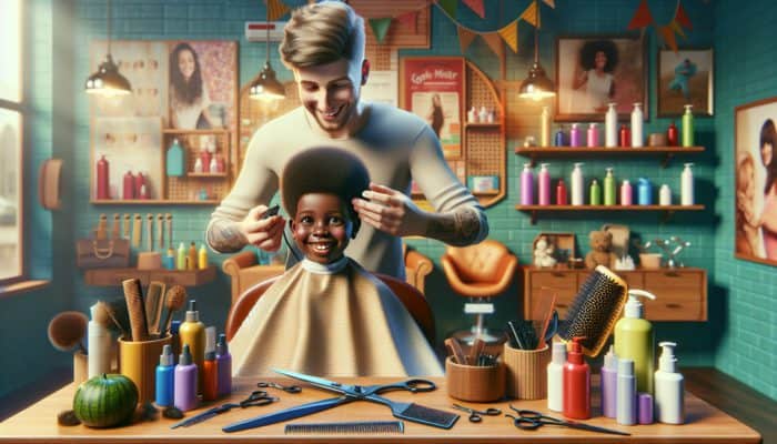 A skilled hairstylist providing a pixie cut to a cheerful child in a vibrant salon.