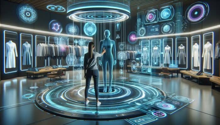 A futuristic AR environment featuring holographic screens and clothing items for virtual try-ons.