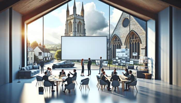 Modern WordPress design studio in Glastonbury, featuring professionals collaborating around a large screen against a backdrop of historical architecture.