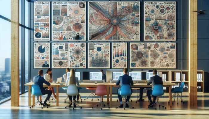 A contemporary Gloucester office showcasing various web design projects, client testimonials, and collaborative team discussions.