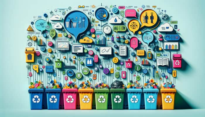 Infographic showing waste segregation tips with labeled bins, color-coded categories, and expert insights in speech bubbles.