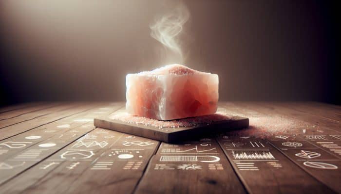 How to Cook with a Himalayan Salt Block: A Himalayan salt block cooling on a wooden table in a serene kitchen, with subtle steam and warm lighting.