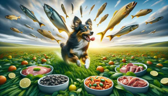 A vibrant mixed breed dog with a shiny coat running playfully in a field, surrounded by nutritious food bowls.