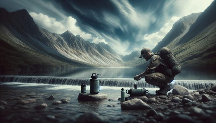 A hiker using a Katadyn BeFree filter at a stream, with a Berkey bottle, in a rugged wilderness.