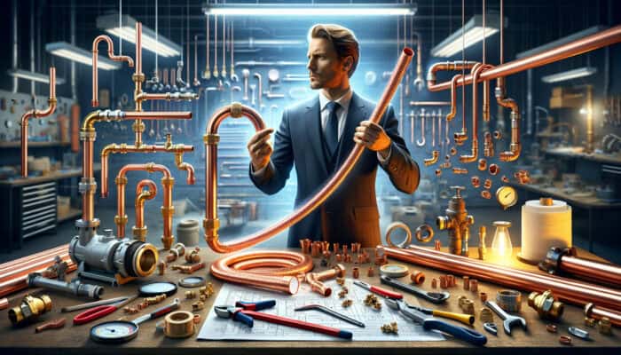 A plumber contrasts flexible PEX and durable copper pipes in a workshop filled with various plumbing tools.