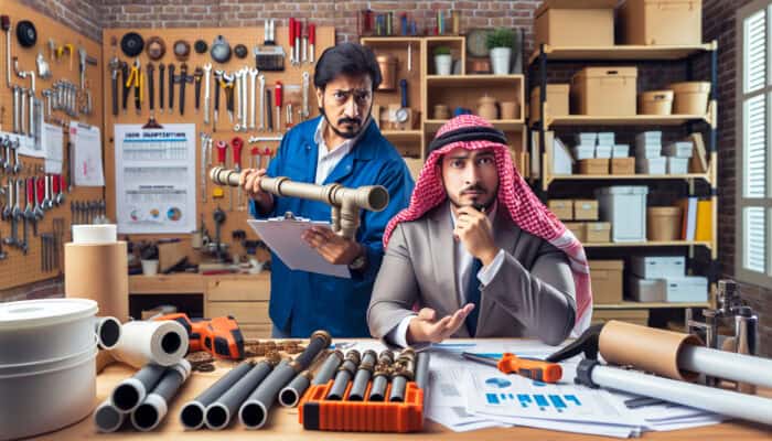 Homeowner inspecting Poly B pipes for leaks, consulting plumber in a workshop equipped with tools and references.