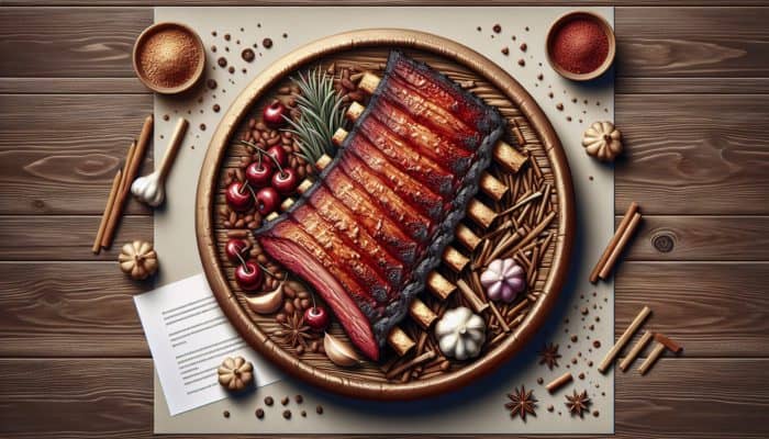 Smoked beef ribs with garlic crust, hickory and cherry wood chips, reddish hue.