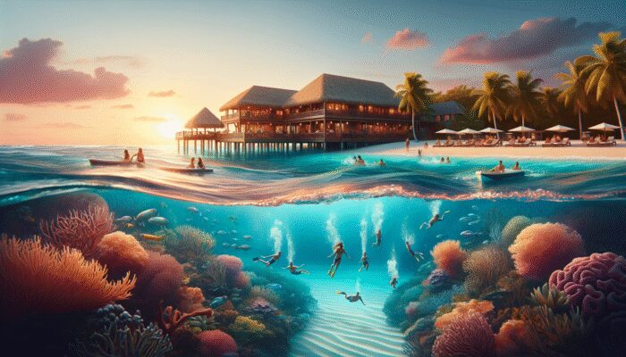 Luxurious resort on Ambergris Caye, Belize, featuring stunning beach views and guests enjoying water activities at sunset.