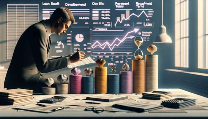 Consolidating Utility Bills With A Loan: UK Guide | DCL Person comparing loan documents and utility bills on a desk, with graphs of interest rates and repayment terms in an office.