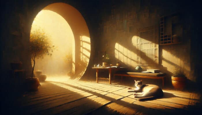 A serene cat lounging alone in a sunlit room, embodying solitude and contentment.
