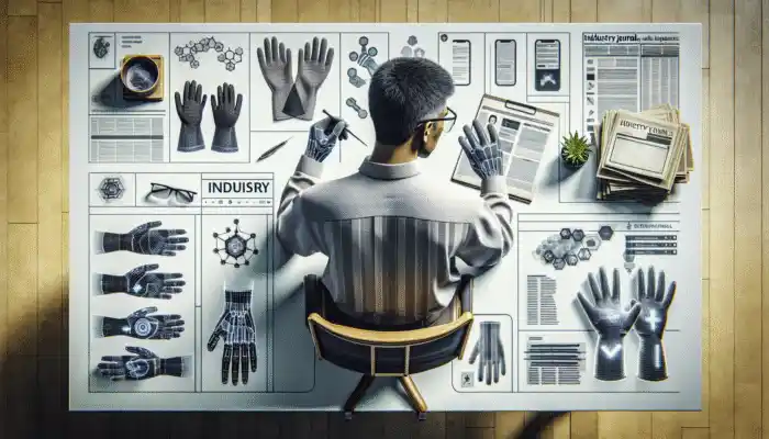 An individual in Cambridge reviewing safety gloves using industry journals and online platforms, surrounded by gloves.