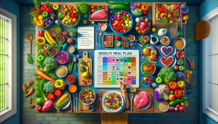 A kitchen scene with a weekly meal planner, colorful vegetables, whole grains, lean proteins, and a shopping list.