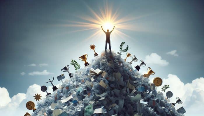 Debt Consolidation Success Stories to Inspire You in the UK | DCL Person triumphantly atop shredded debt papers, symbolizing financial freedom and hope.