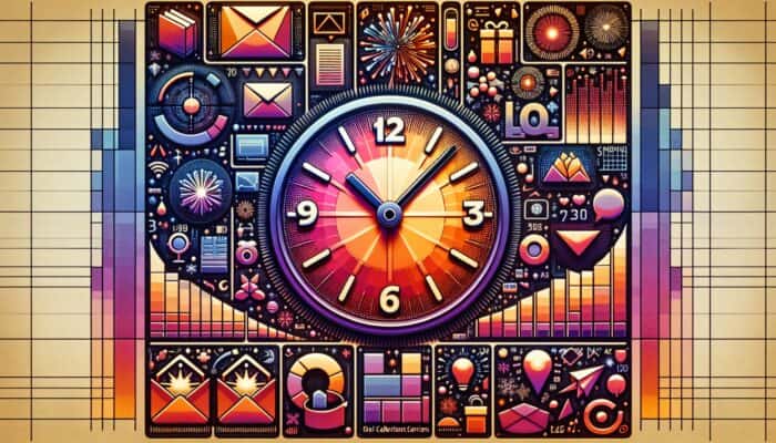 A digital clock showing mid-morning, surrounded by opened emails, holiday symbols, and engagement charts.