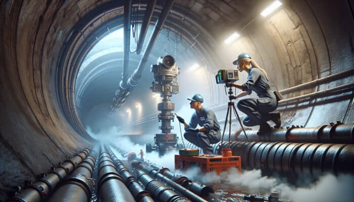 Technician using CCTV camera and acoustic device in sewer, smoke testing shows air leaks.