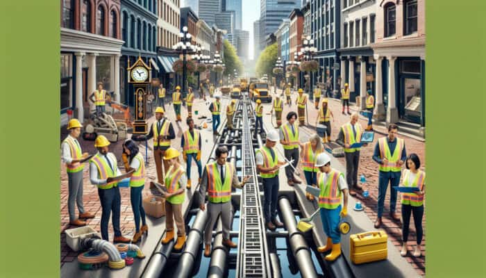 A skilled team of professionals working on drainage systems in Gastown, Vancouver, featuring the iconic steam clock in the background.